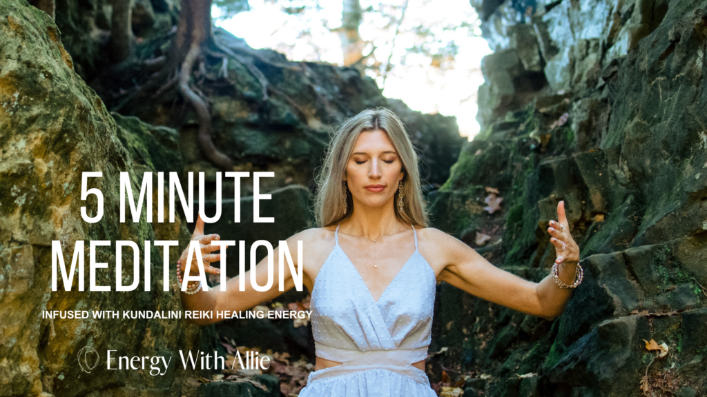 Allie meditation in tree roots promoting her free 5 minute daily guided meditation 