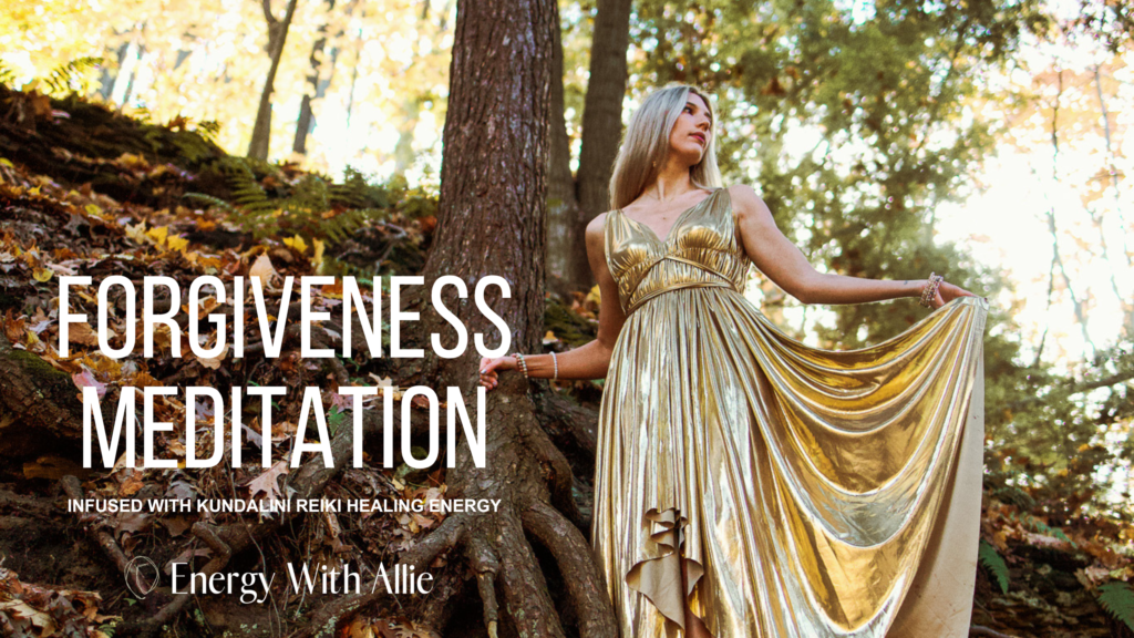Allie in a gold dress on a hill holding onto exposed tree roots from old oak tree, titled Forgiveness Meditation