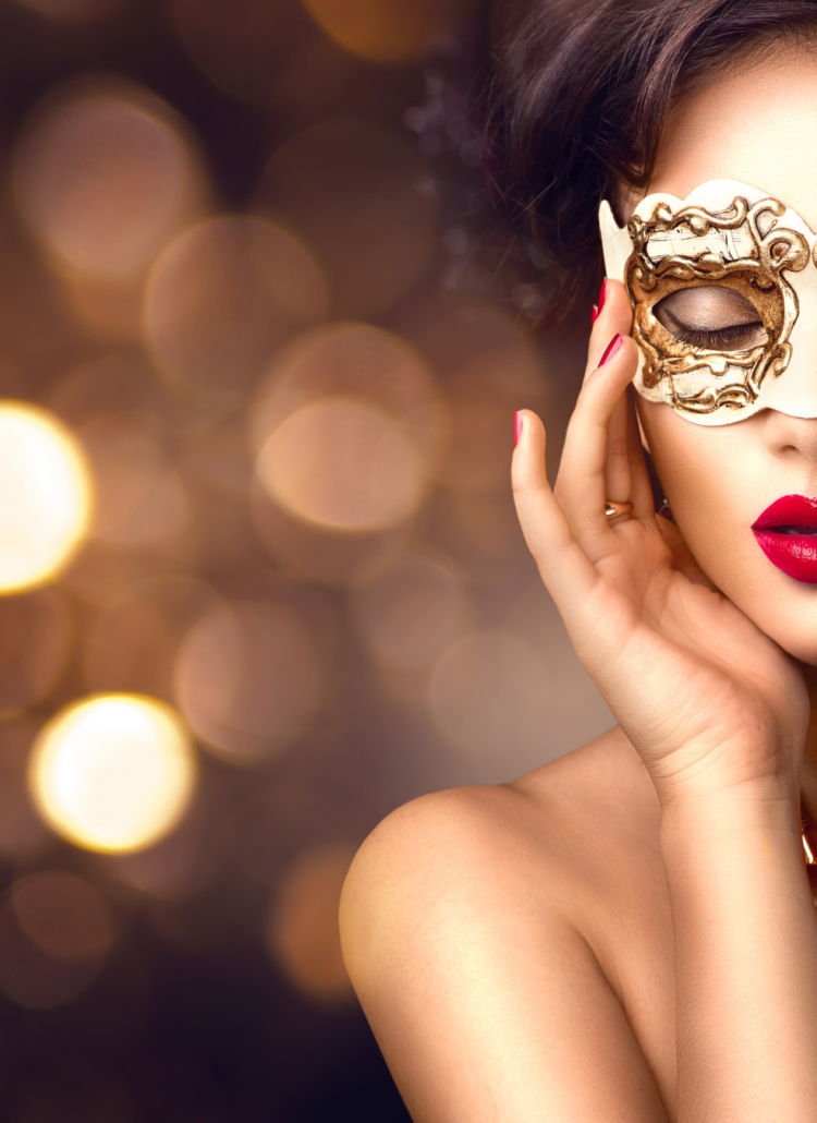 Woman wearing venetian masquerade carnival mask at party, as she struggles with Imposter Syndrome